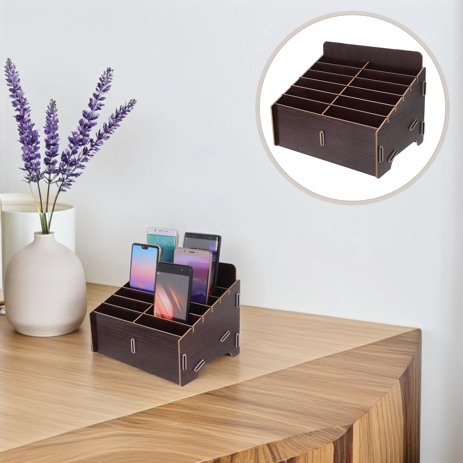 

Multifunctional Wooden Desktop Storage Box 12 Compartments Cell Phone Holder Office Home Organizer Pen Scissor Remote Control