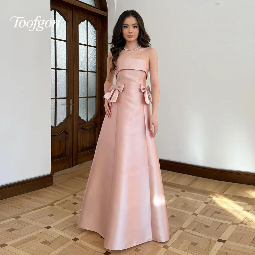 

Toofgon Elegant Strapless Pink Prom Dresses Customized Satin A Line Bow Women Long Formal Party Dresses Wedding Engagement Gown