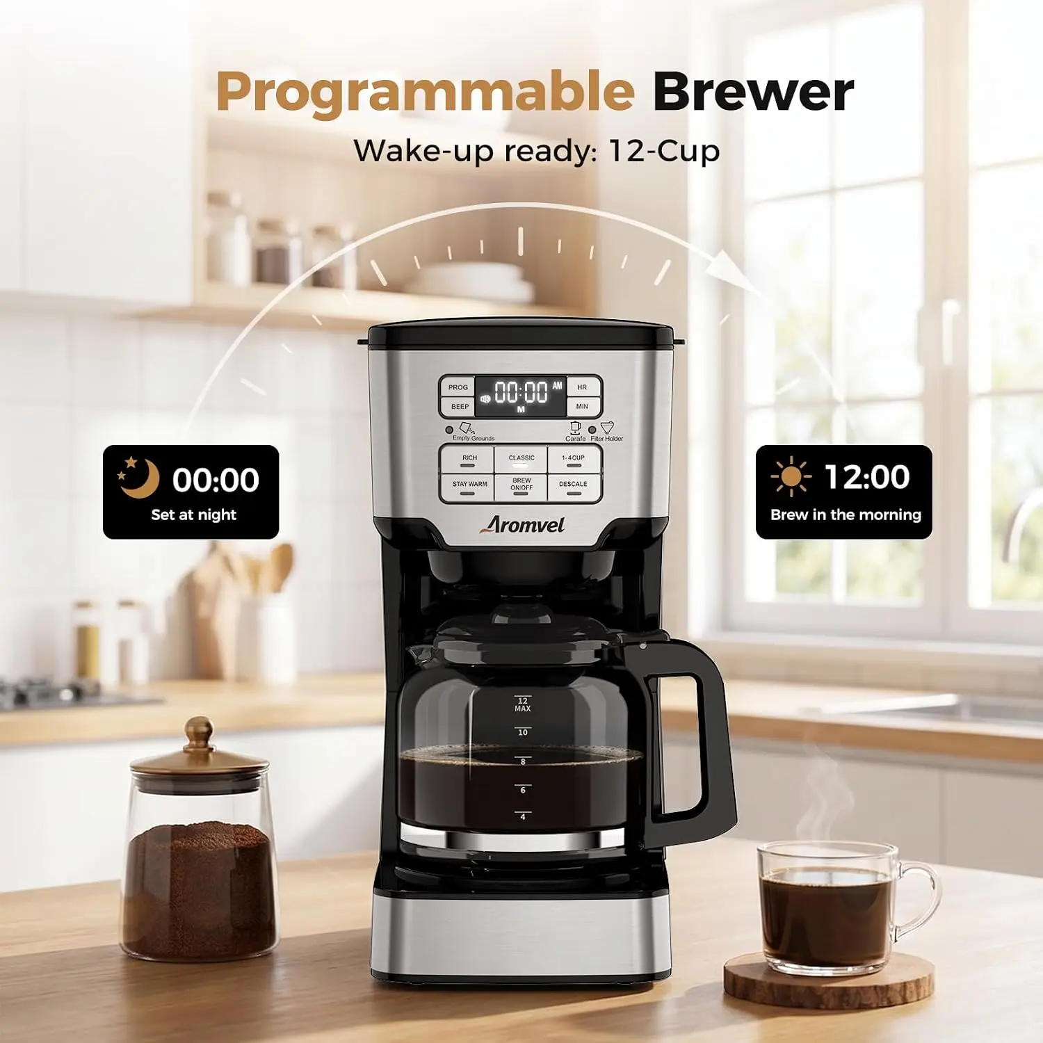 12-Cup Programmable Drip Coffee Brewer, Glass Carafe Coffee Machine with Adjustable Brew Strength, 24-Hour Delay Brew, 4-Hour Ke
