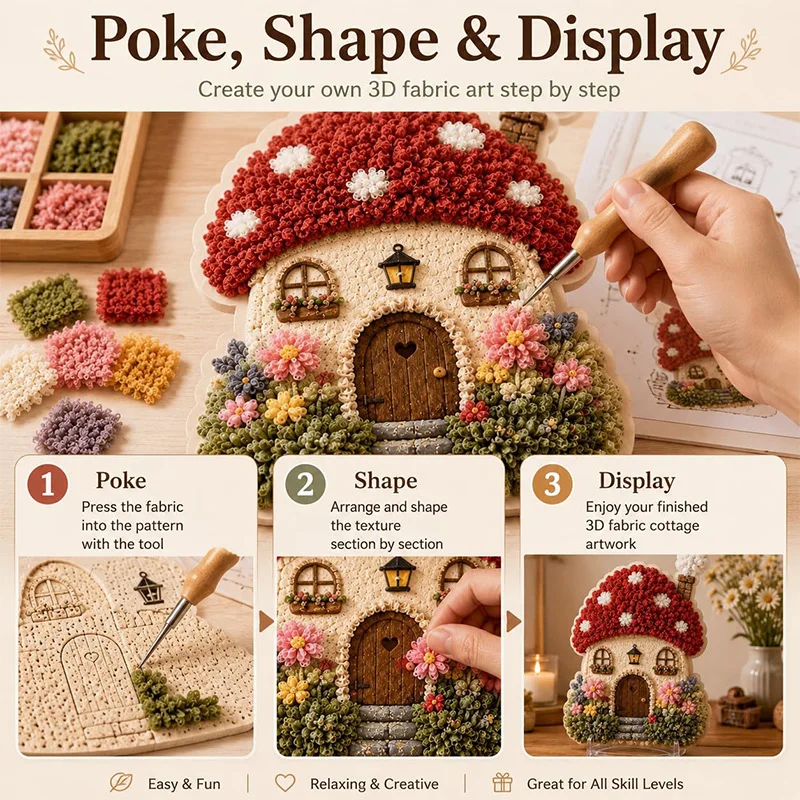 3D Mushroom House Poke Art DIY Kit Fabric Punch Needle Embroidery Set Hand‑Making Craft Kit with Tool & Colorful Yarn Home Decor view 4