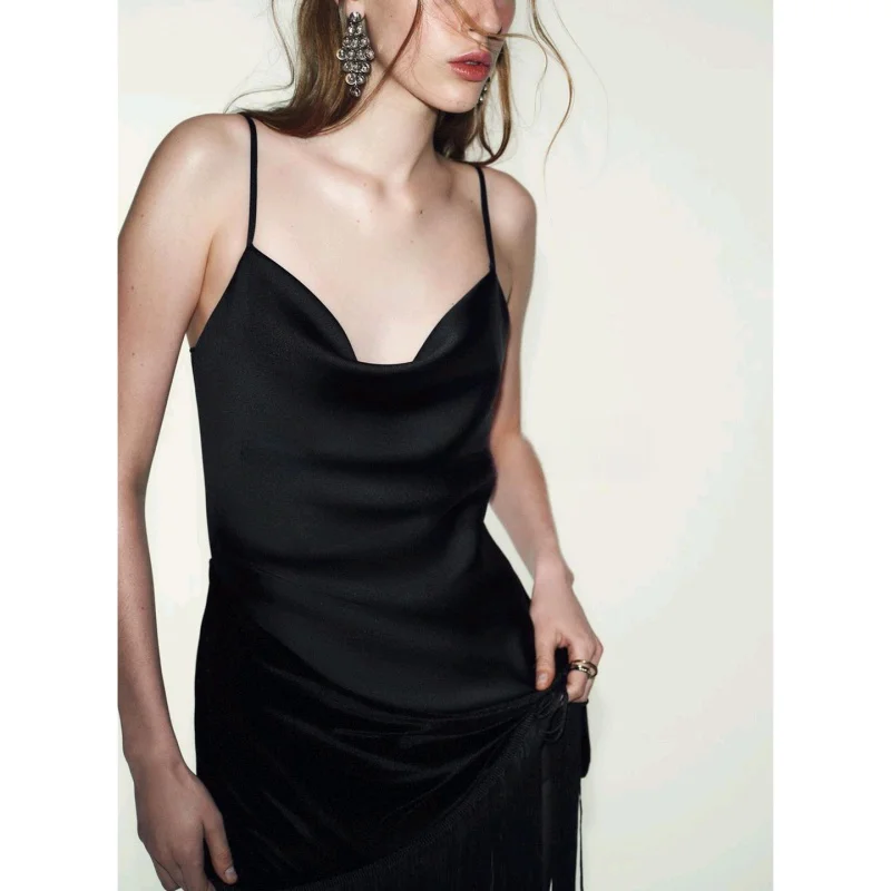 겨울 신상 여성용 롱 실크 새틴 가운 태슬 스플라이싱 슬림핏 A라인 드레스 프렌치 스타일 노슬리브