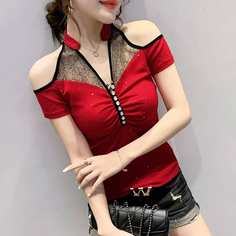 High Quality Summer Short Sleeved Women\'s T-Shirt Fashion Sexy Hollow Out Off Shoulder Female Slim Tees Chic Diamonds Button Top