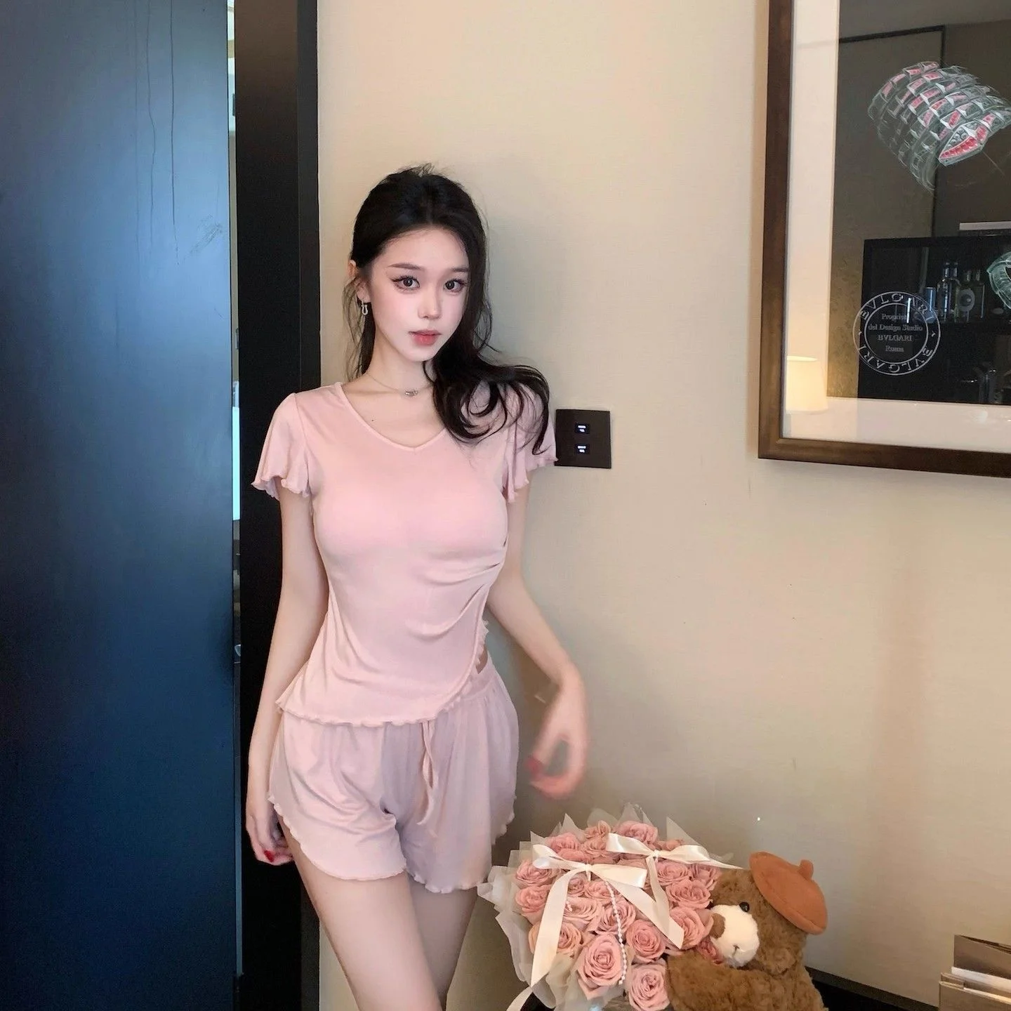 

Sexy Modal Sleepwear Women's Short Sleeve Set with Chest Pad Can Be Worn outside Home Clothes V-neck Soft Breathable
