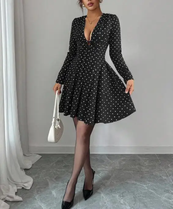 

2026 Elegant Casual Autumn and Spring New Fashionable Sexy Sweet Polka Dot V-Neck Long Sleeved Elastic Waist Dress