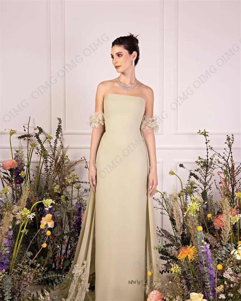 OIMG Light Green Satin Strapless 3D Flower Long Evening Dress Floor Length Sweep Train Fashion Lace Formal Prom Gown New 2023