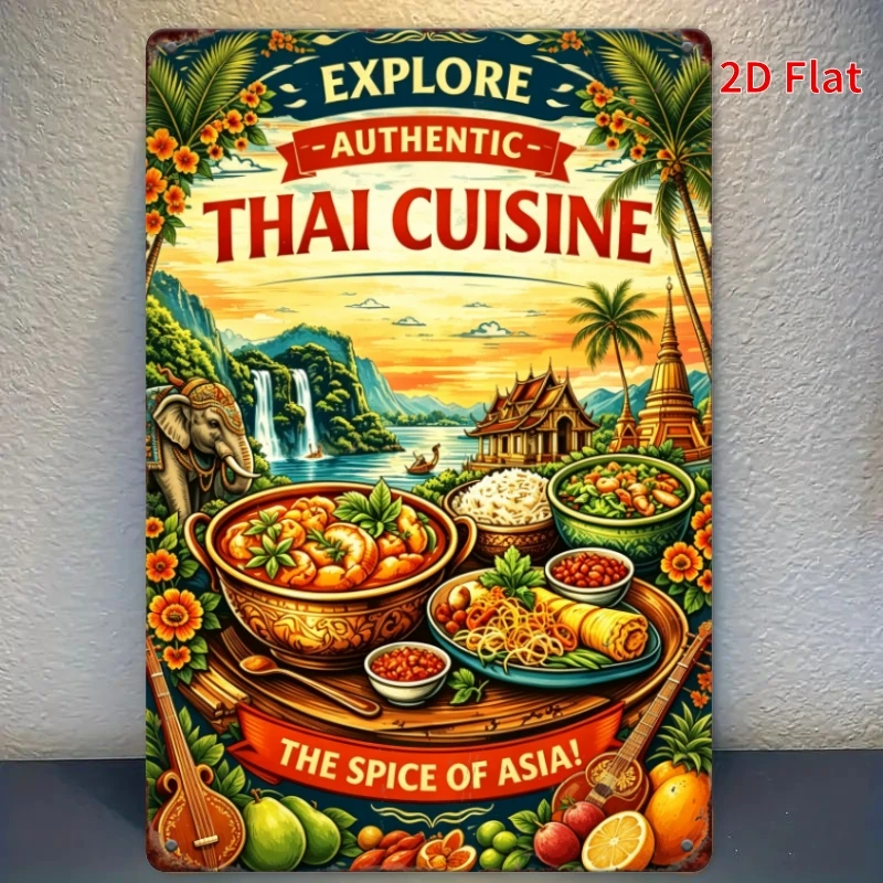 2D Flat - Decorative Sign 2D Flat - [2Dflat]1pc- 30.0X19.99cm- Explore Authentic Thai Cuisine Metal Tin Sign Elephant Temple Shr