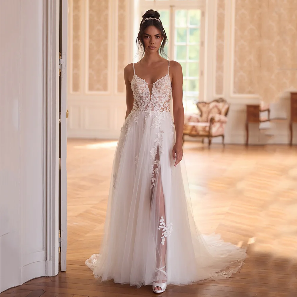 

Luxury Lace Appliques Wedding Dresseses Women's A-Line Sexy High Split Boho Bridal Gowns Brides Wedding Party Dress Customized