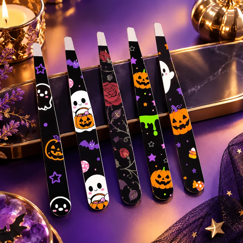 1/5pcs Halloween Slant Tip Tweezers, Stainless Steel Eyebrow Tweezer with Ghost Pumpkin Bat Print for Makeup and Grooming
