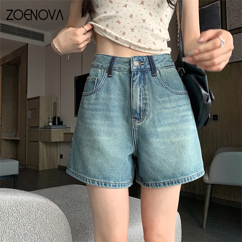 

Женские джинсовые шорты ZOENOVA, синие прямые повседневные трапециевидные джинсовые шорты с высокой талией в стиле ретро, Y2K, лето