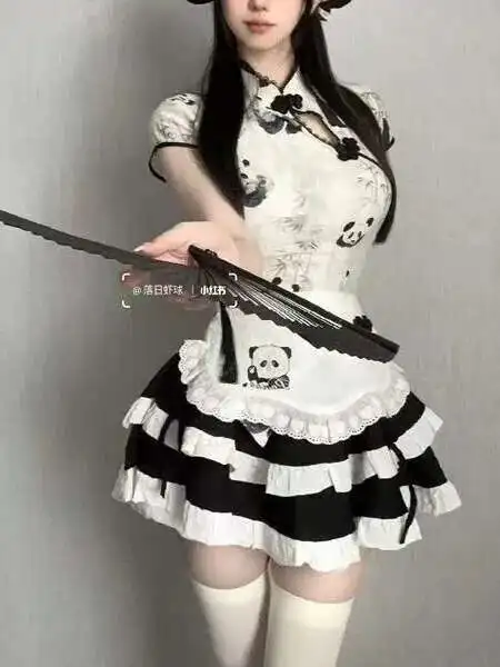 Sexy Maid Sex Anzug Uniform Cheongsam Nette Chinesische Panda Drucken Uniform Kleid Elegante Mode Süße Frauen Mini Kleid Top I5IX