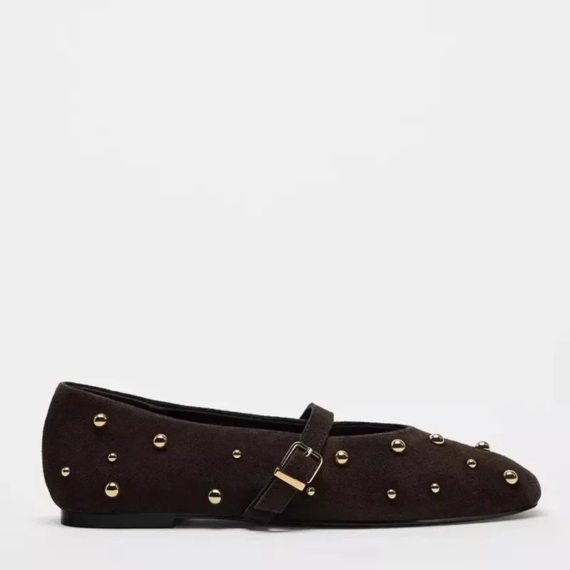 2024 Autumn Brand Mary Jane Shoes for Women Fashion Rivet Suede Classic Retro Brown Casual Soft Bottom Comfortable Ladies Flats