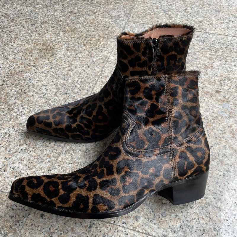 Leopard Print Genuine Leather Men\'s Ankle Boots with Zipper Business Men Boots Zapatos Para Moto Hombre
