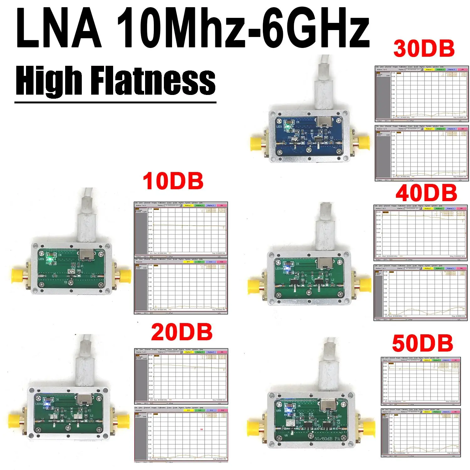LNA 10M-6G Gain 20db 30db 40db 50db High Flatness RF Low Noise Amplifier Drive Signal Receiver SDR LORA Helium Mlium Miner Radio