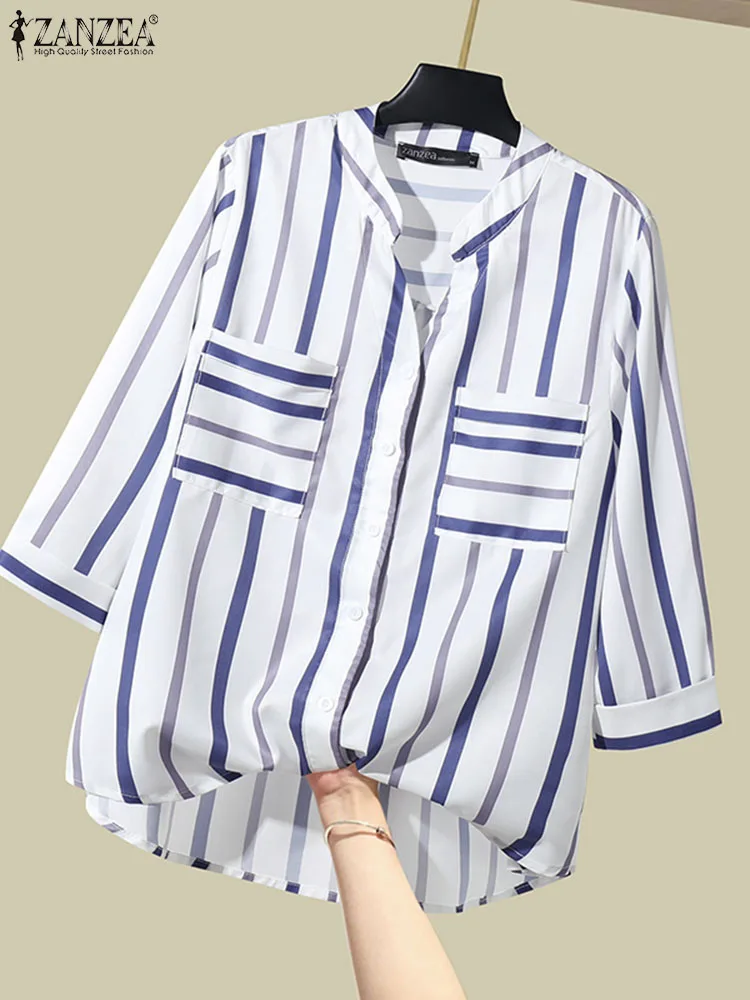 

ZANZEA Summer Fashion Stripe Shirt Women Elegant OL Work Blouse Buttons Down Blusas 3/4 Sleeve V-Neck Tunic Tops Female Chemise