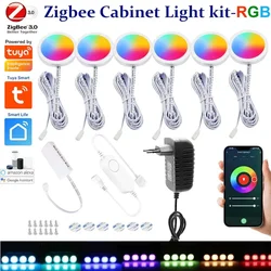 DC12V Tuya Zigbee LED Round Under Cabinet Light Kit RGB Color Change Dimming for Kitchen Shelf,Voice Control Google Alexa Echo