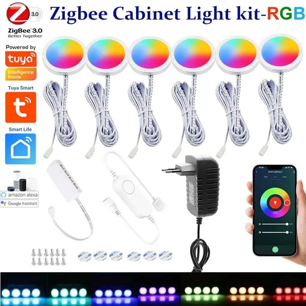 DC12V Tuya Zigbee LED Round Under Cabinet Light Kit RGB Color Change Dimming for Kitchen Shelf,Voice Control Google Alexa Echo
