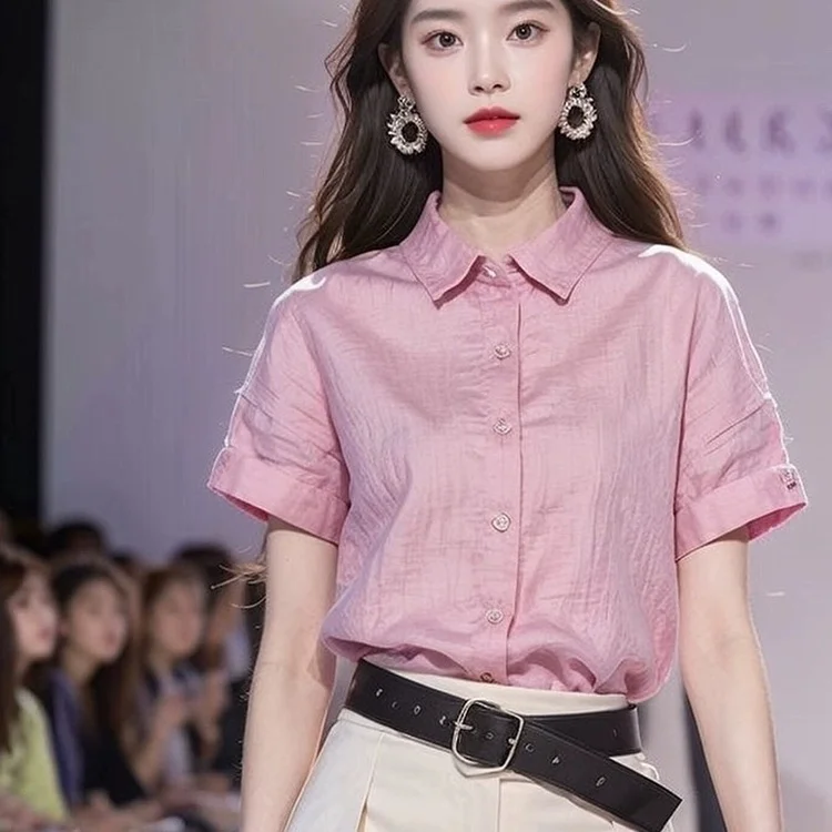 

Short Sleeve Shirts Womens Chiffon Pleated Pintuck Buttoned Top Summer Romantic French Preppy Student Artistic Girlish Everyday
