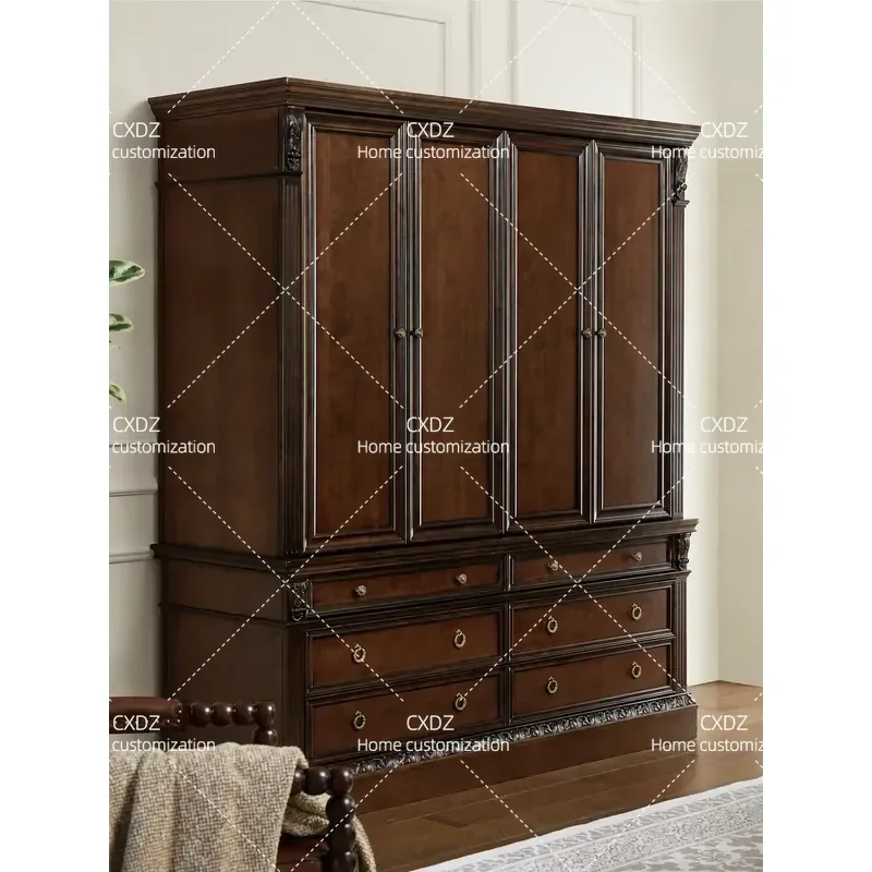 Rural Pure Solid Wood Wardrobe Swing Door Log Bedroom Furniture Villa Carved Four Door Wardrobe Custom
