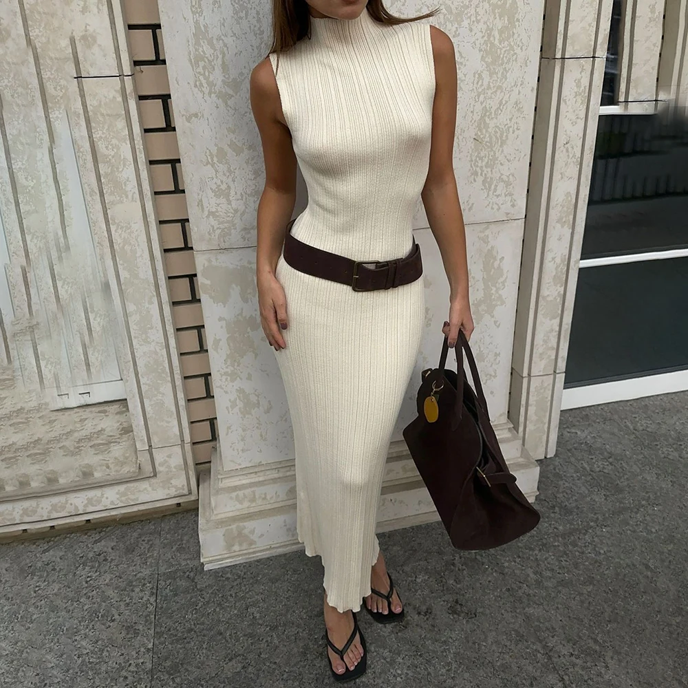 Talenza Knitted Sleeveless Slim Long Dress Women\'s Fashion Elegant Evening Dress High Neck Solid Color Sexy Knitted Long Dress