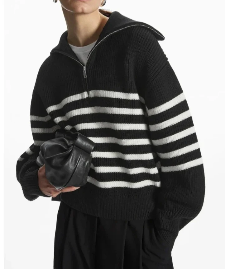 

Женская водолазка, свободный полосатый трикотаж с лацканами, женская новая простая половина