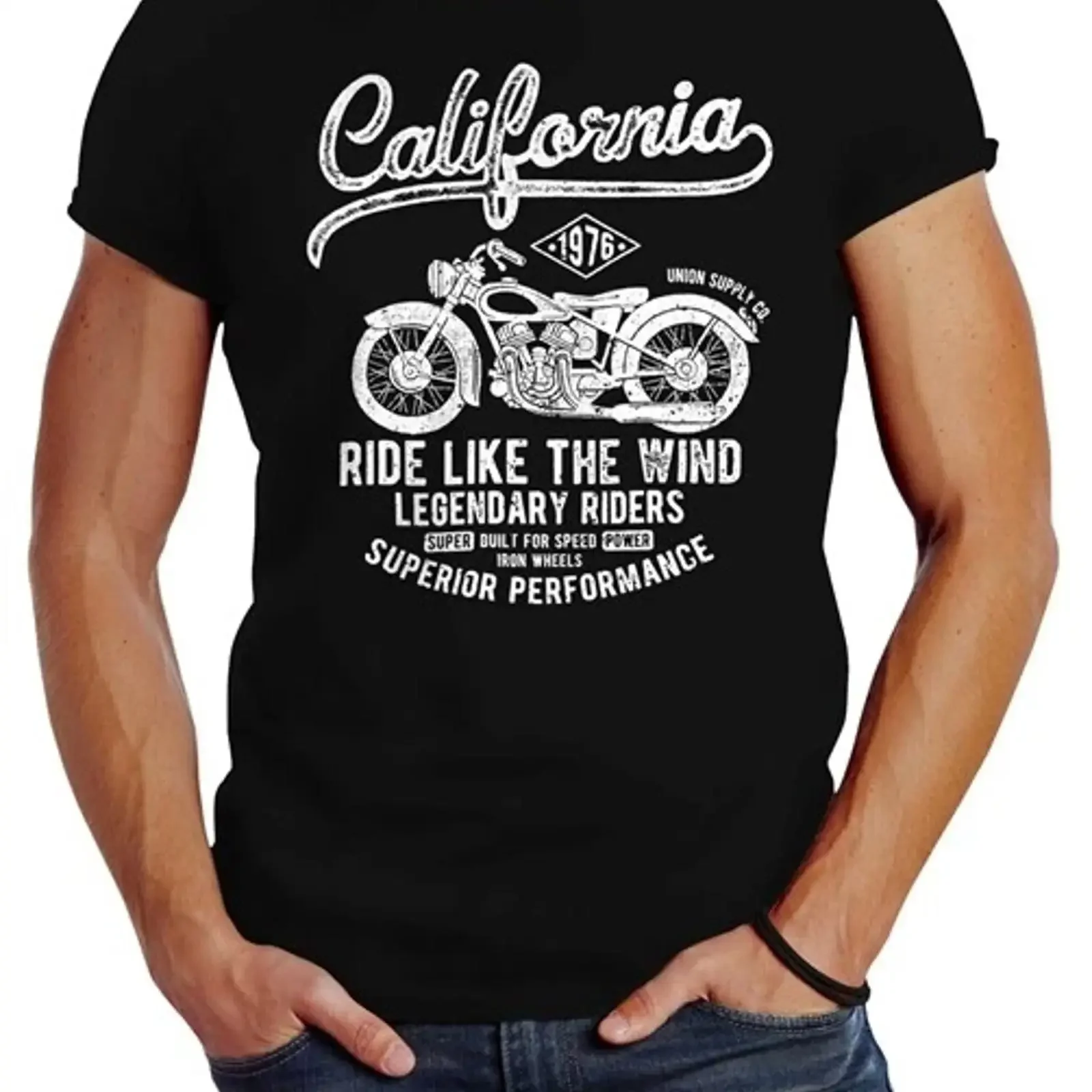 Herren T-Shirt California Motorbike Slim Fit Neverless Vintage Gewaschen Dehnbar Atmungsaktiv Grafik Unisex Mode Bequem