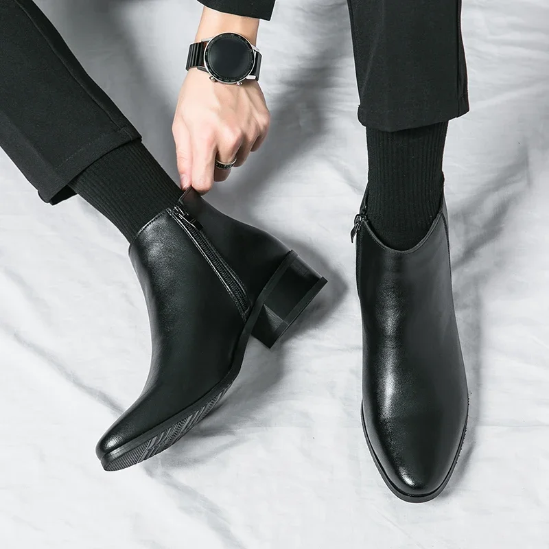 Klassische schwarze Leder-Stiefeletten für Herren und Damen im britischen Stil, Chelsea-Stiefel mit spitzer Zehenpartie, bequeme High-Top-Schuhe – Detail 12