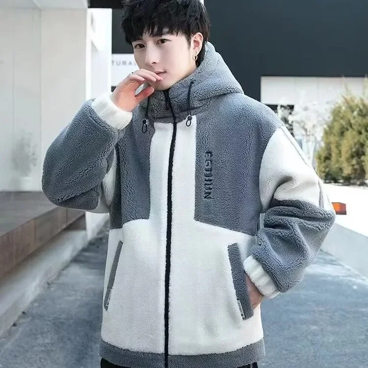 سترة فرو الضأن للرجال فضفاضة دافئة سميكة مقنعين ملابس خارجية من القطن نمط غير رسمي ربيع الخريف وصول جديد معطف كبير الحجم