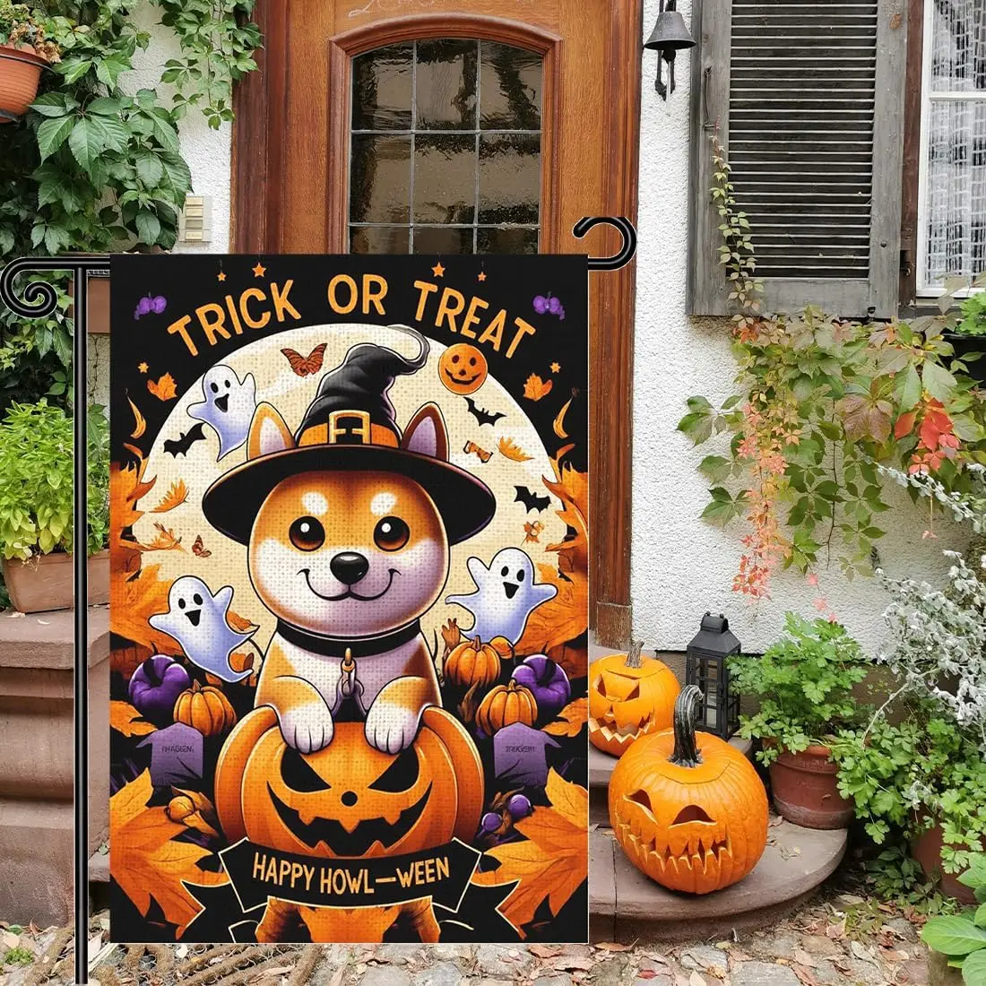 Halloween Garden Flags for Outside 12x18 Inch Double Sided - Happy Halloween Pumpkin Shiba Inu Dog Trick Or Treat Burlap Small G