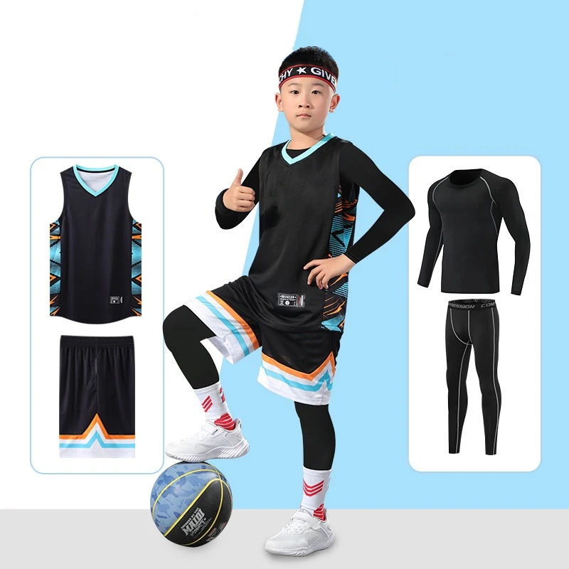 Children's Basketball Jerseys Four Piece Suit Customized Fall Winter Girls Basketball Training Jerseys Boys Suit Bottomed Tights