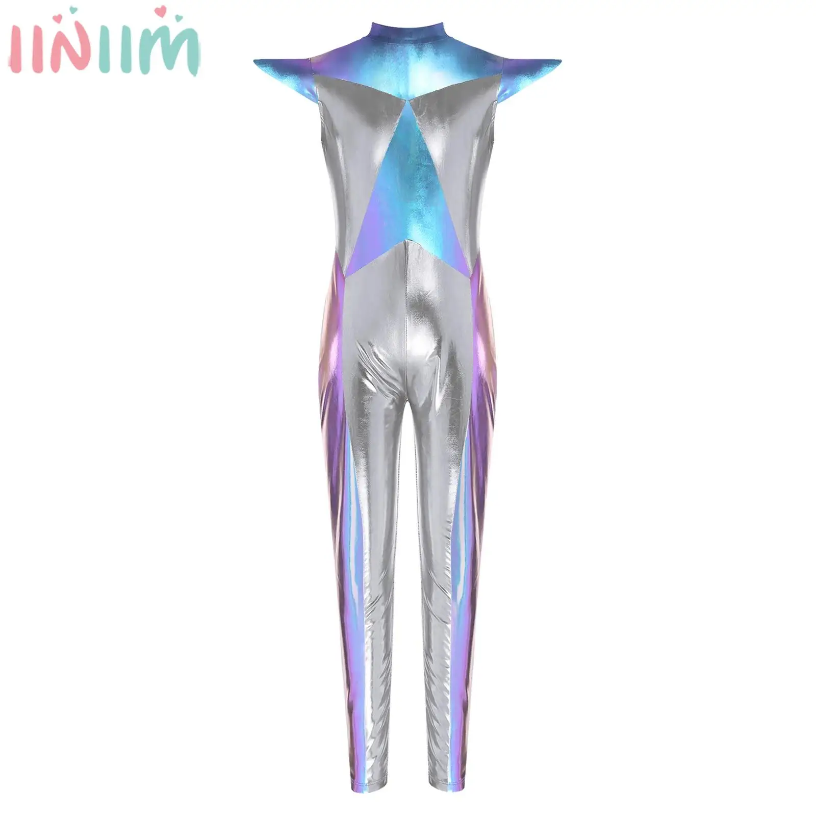 

Детский костюм для девочек на Хэллоуин, космический космонавт-робот, карнавальный костюм с короткими рукавами, блестящий металлический комбинезон для тематической вечеринки