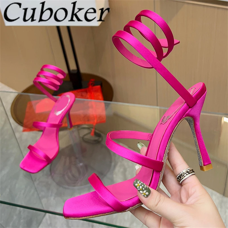 

2024 Summer Satin Ankle Wrap Thin High Heel Rome Sandals Women Square Open Toe Stilettos Sexy Party Wedding Bride Shoes Mujer