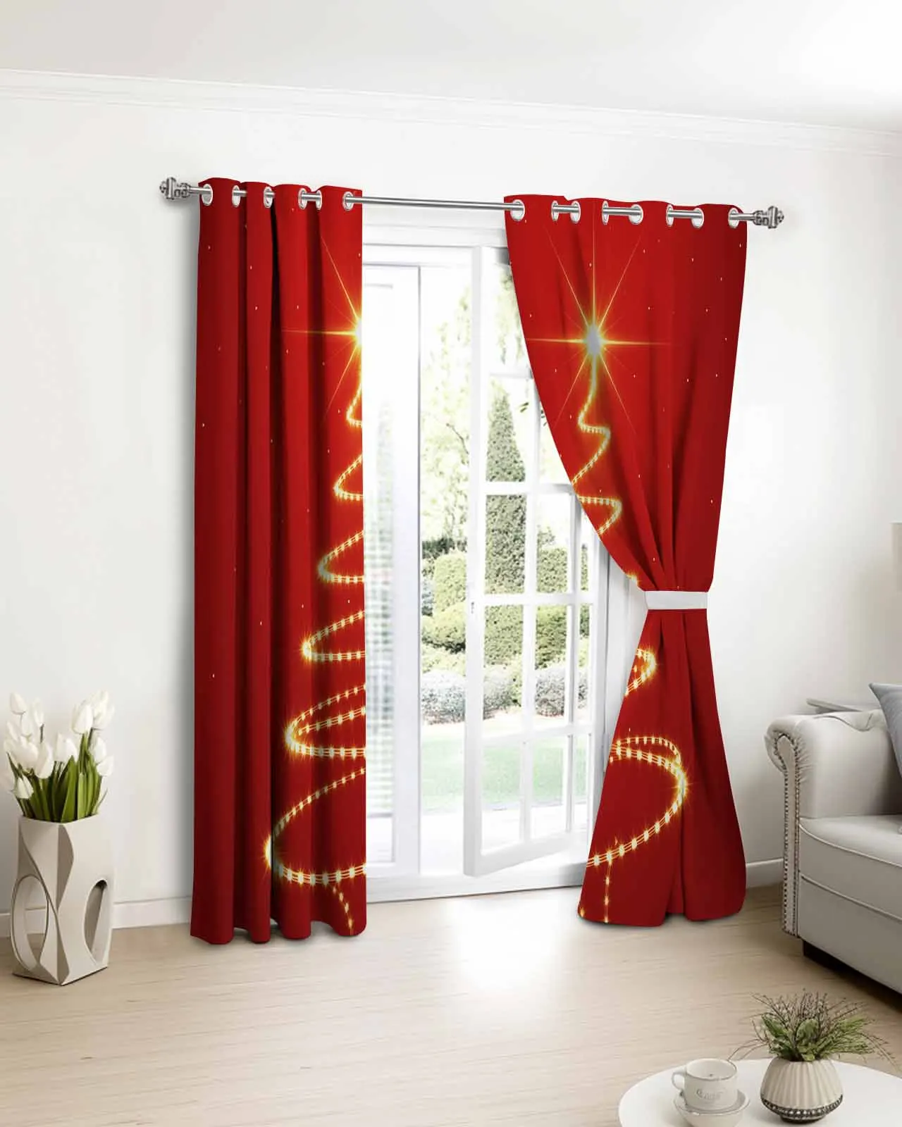 

2pcs, 1 panel Retro Christmas Tree Lights Polyester Window Curtains For Living Room Kitchen Bedroom Drapes