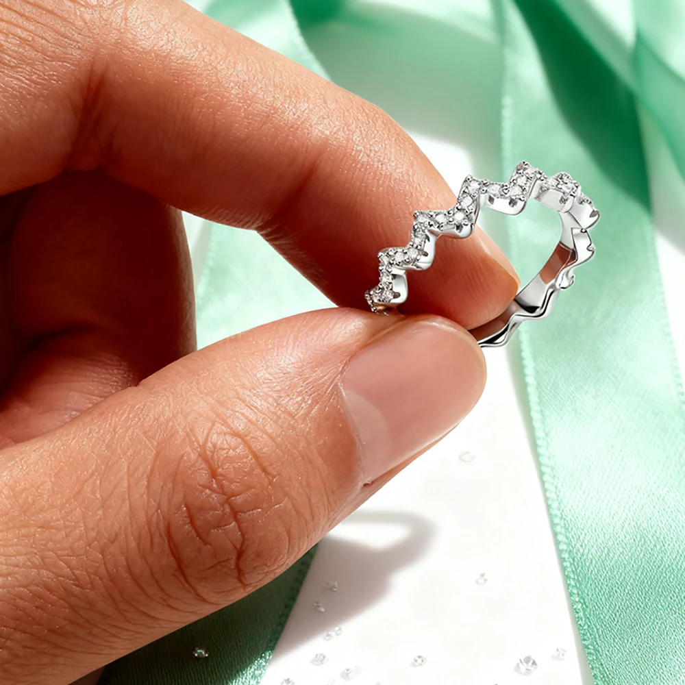 TEMGF Full 1.25mm Moissanite Ring With GRA 925 Sterling Silver Women's Simple Stacked Wave Tail Ring Party Commute Fashion Item
