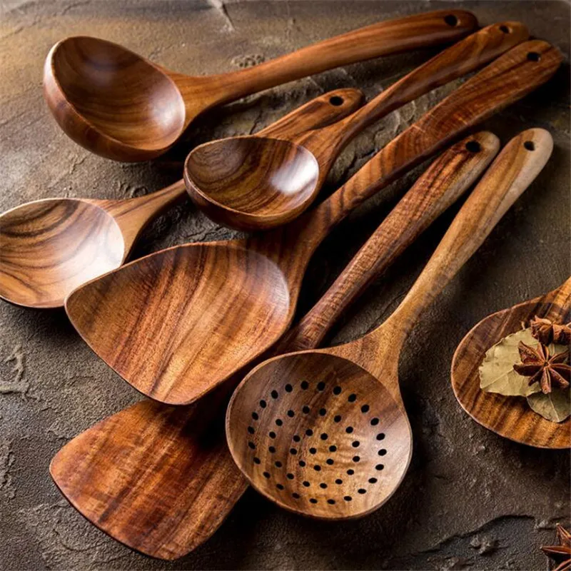 7-Piece Set Of Wooden Cooking Tools Natural Wooden Long Rice Spoon Soup Skimmer Thai Teak Natural Wood Tableware Kitchen Supplie