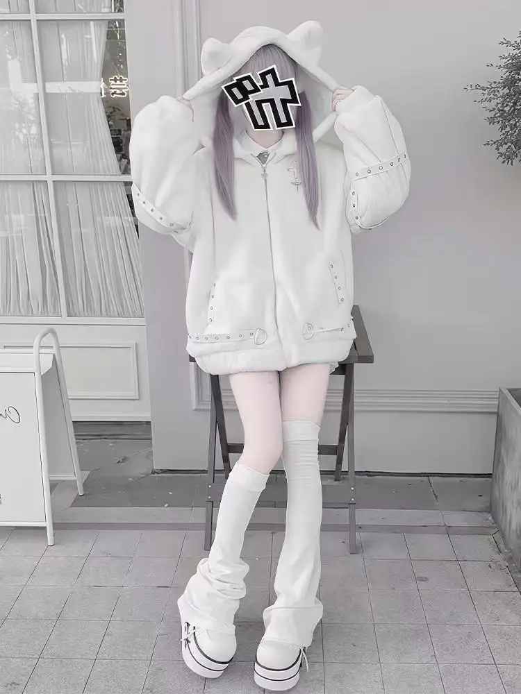 Autumn Winter Oversized Warm Faux Fur Coat Women Hood Harajuku Punk Fashion Fluffy Jacket Streetwear 2025 Subculture Streetwear