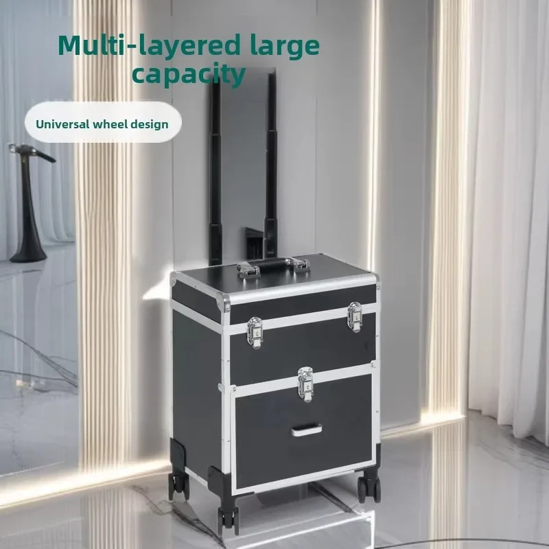 Multilevel Large Capacity Aluminum Makeup Case with Telescopic Handle and Universal Wheels Professional Styling Travel Storage