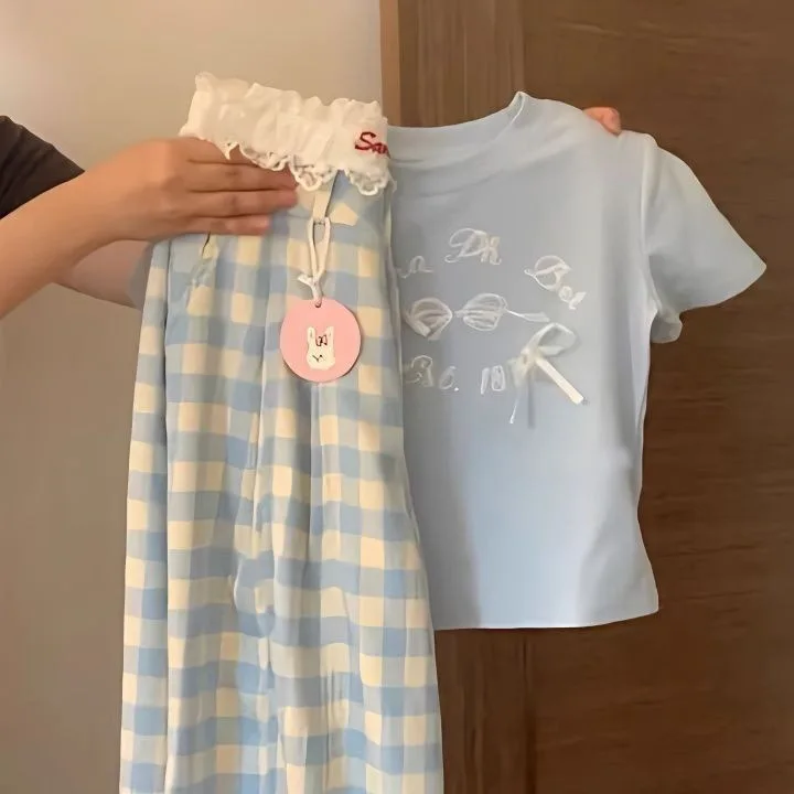 

Детские комплекты, наряд с допамином для девочек, футболка, клетчатые брюки, комплект из 2 предметов, новый повседневный комплект брюк