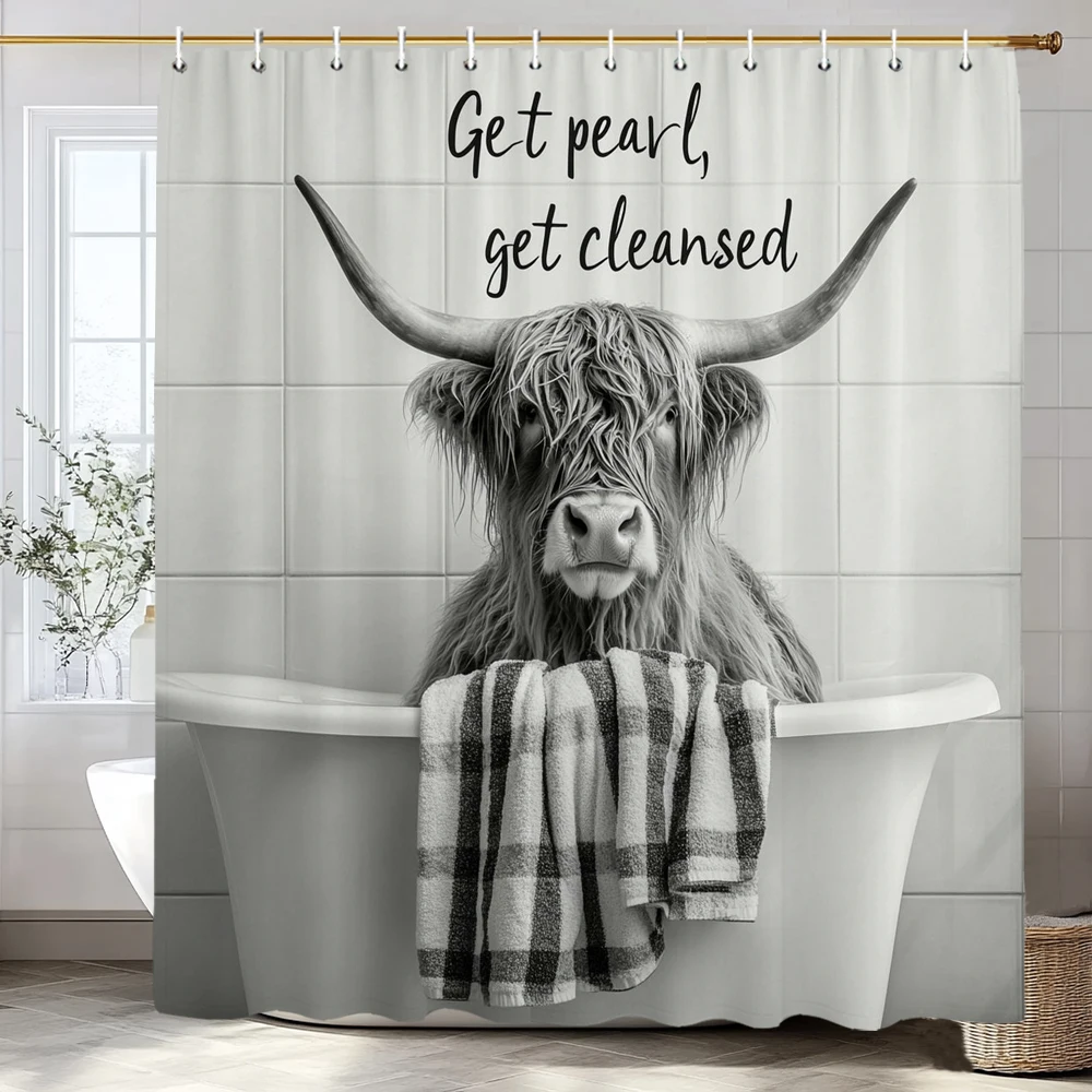 

Забавная занавеска для душа с изображением высокогорной коровы, сидящей в ванне, Декоративная занавеска для ванной комнаты, Домашняя занавеска с крючками