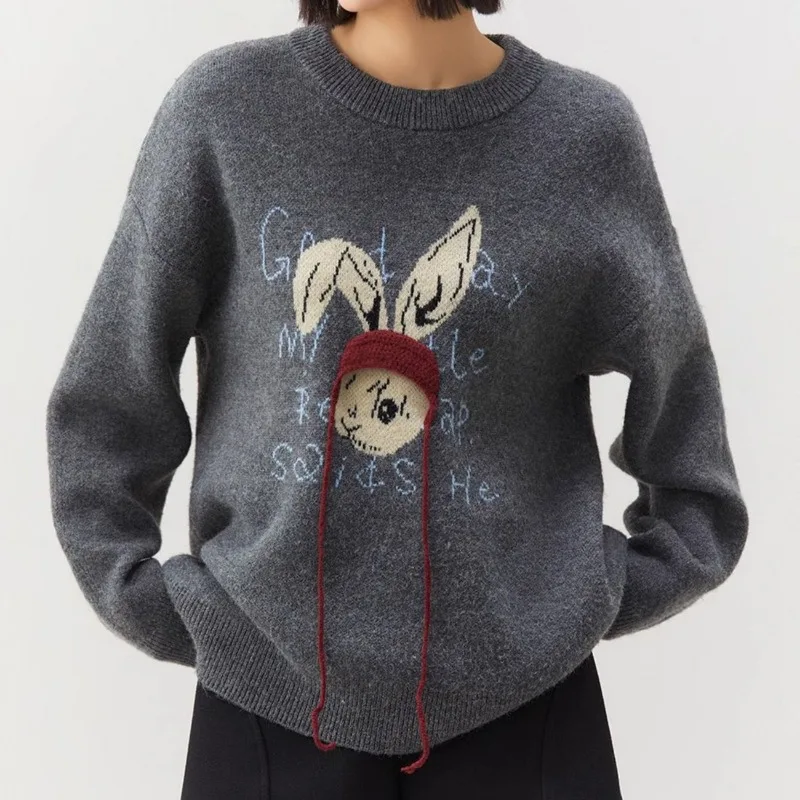 Lazy Style Women Autumn Winter Fleece Lined Cartoon Rabbit Embroidery Round Neck Loose Knit Sweater