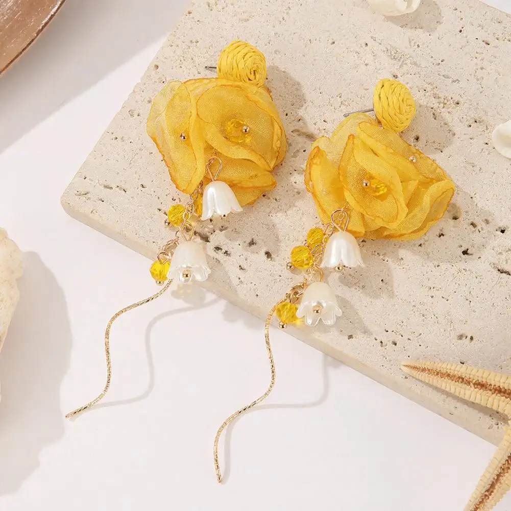 3d Floral Earrings Handmade Boho Raffia Ball Flower Earrings Bohemian Chiffon Dangle Drop Earrings Summer Beach Vacation Jewelry