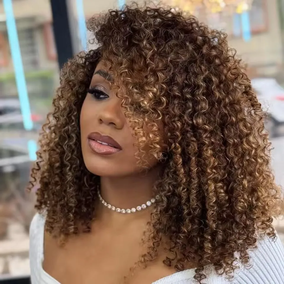 Highlight Honigblond Braun Afro Kinky Curly V-Part Echthaarperücken für Frauen Remy Haar Vollständig maschinell gefertigte, kleberlose U-Form Perücken – Detail 1