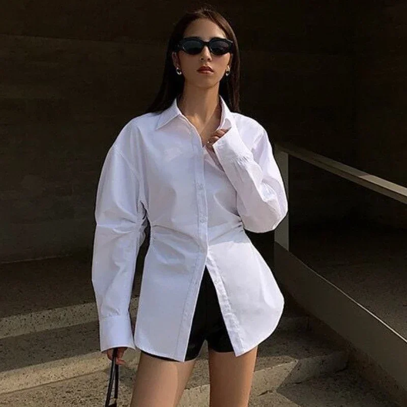 

Spring Shirts Women Casual Shirring Tops Simple Office Lady All-match Lapel Streetwear Pure Long Sleeve Fashion Camisas De Mujer