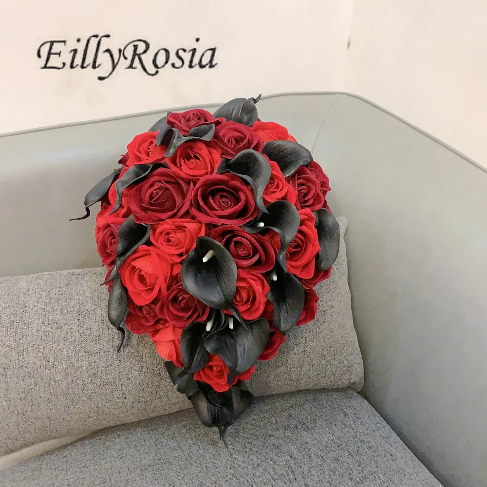 EillyRosia Red Burgundy and Black Calla Lily Cascading Bridal Bouquet Teardrop Bridesmaid Girls Holding Flowers Boutonnieres Set