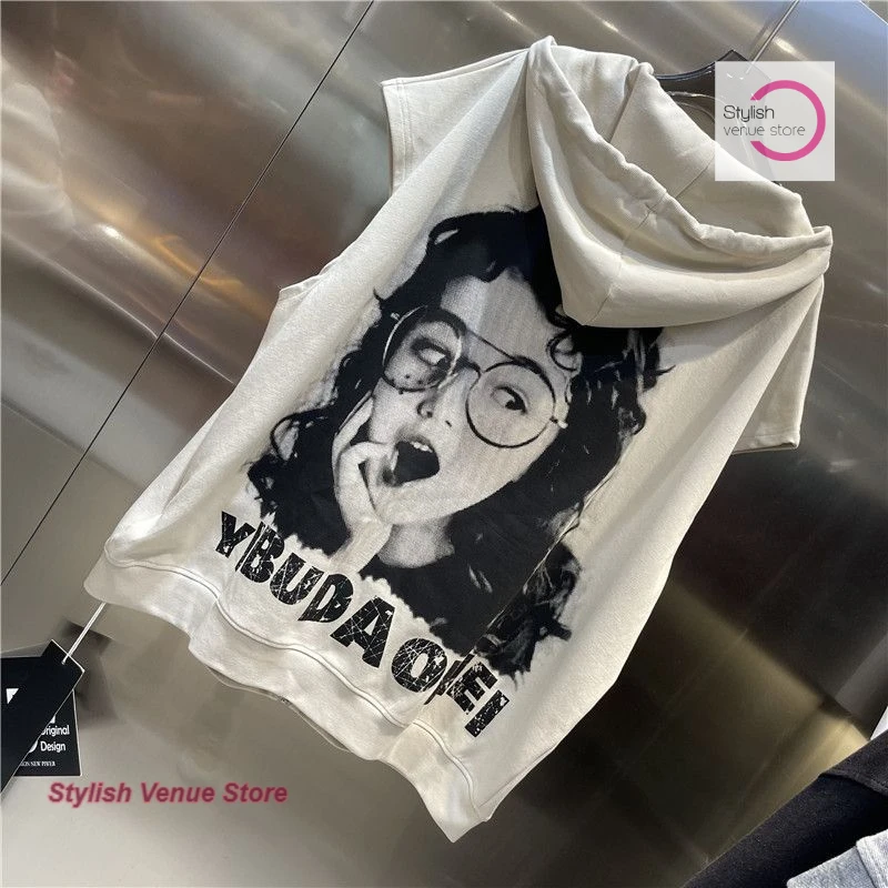 American fashion street letters cartoon print hooded zipper cardigan sweater women's summer loose casual vest short sleeves