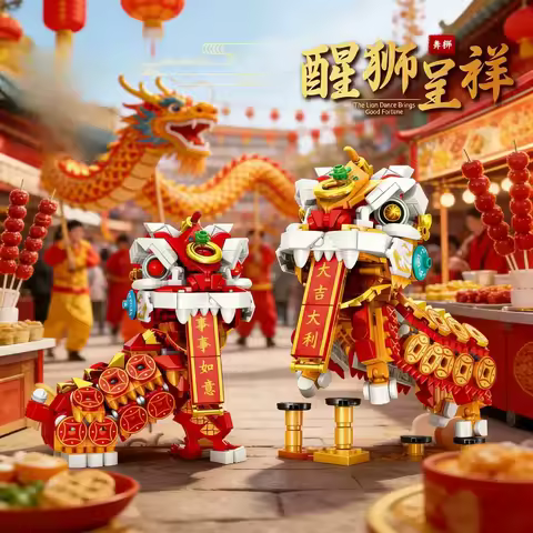 2026 China-Chic Lion-Dance Horse Building Blocks Set New Year Festival Animals Decor Idea Toys For Children Gifts