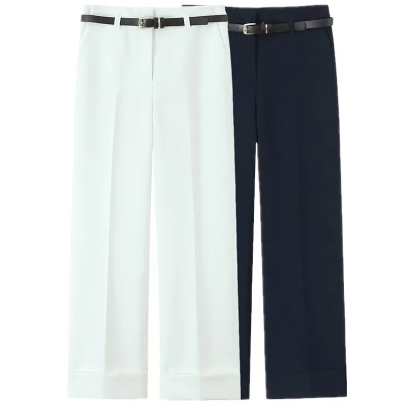 2025년 봄 여성 캐주얼 바지 커프스 밑단과 벨트 심플 슬레 신상품 오피스 출퇴근 중간 허리 바지