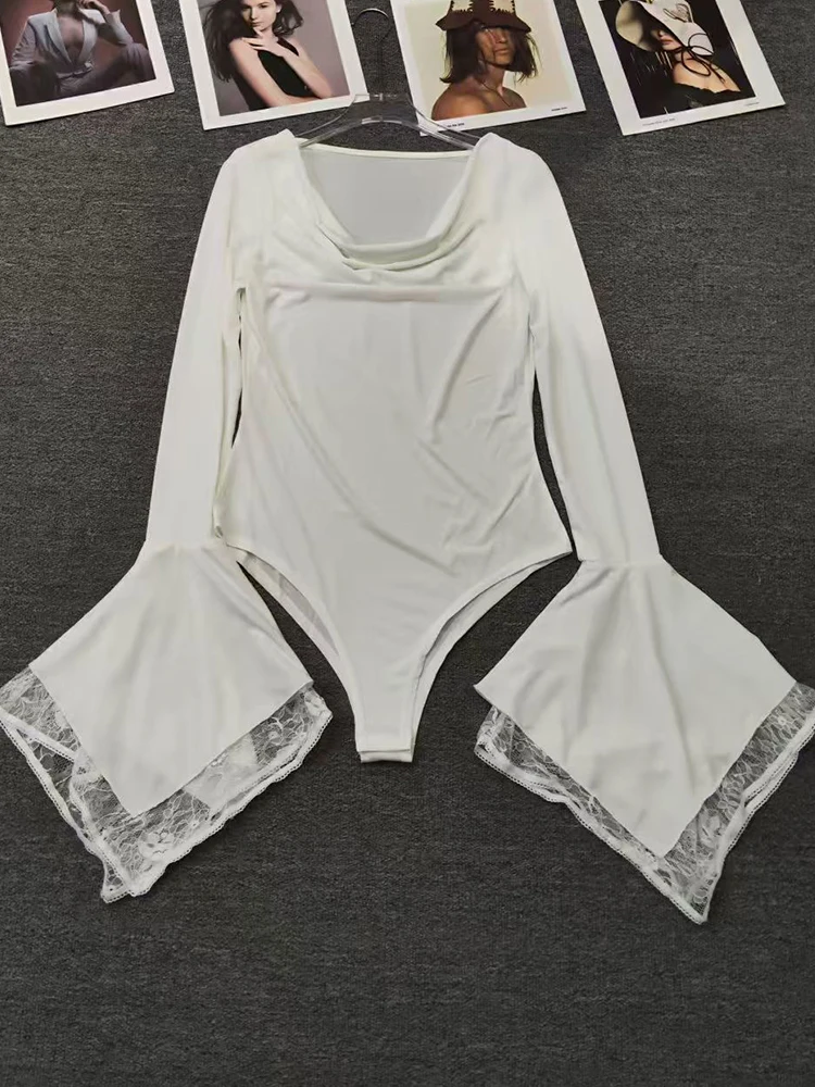2026 Autumn Women's Clothing Bell Sleeves Spliced ​​Lace Pile Collar Knitted Jumpsuit Fashionable Versatile Sexy Tights