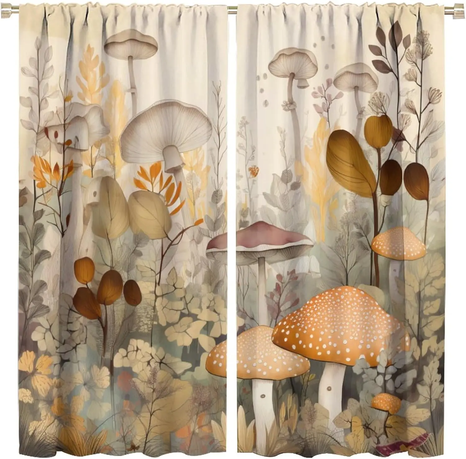 Vintage Boho Mushroom Foliage Floral Print Blackout Rod Pocket Curtain Beige Light Zen Cottage Homestay Bedroom Rest Bay Window