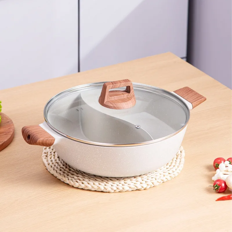 Maifan Stone Non-Stick Divided Pot with Lid Simultaneous Cooking for Pasta & Sauce Save Time Kitchen Cookware