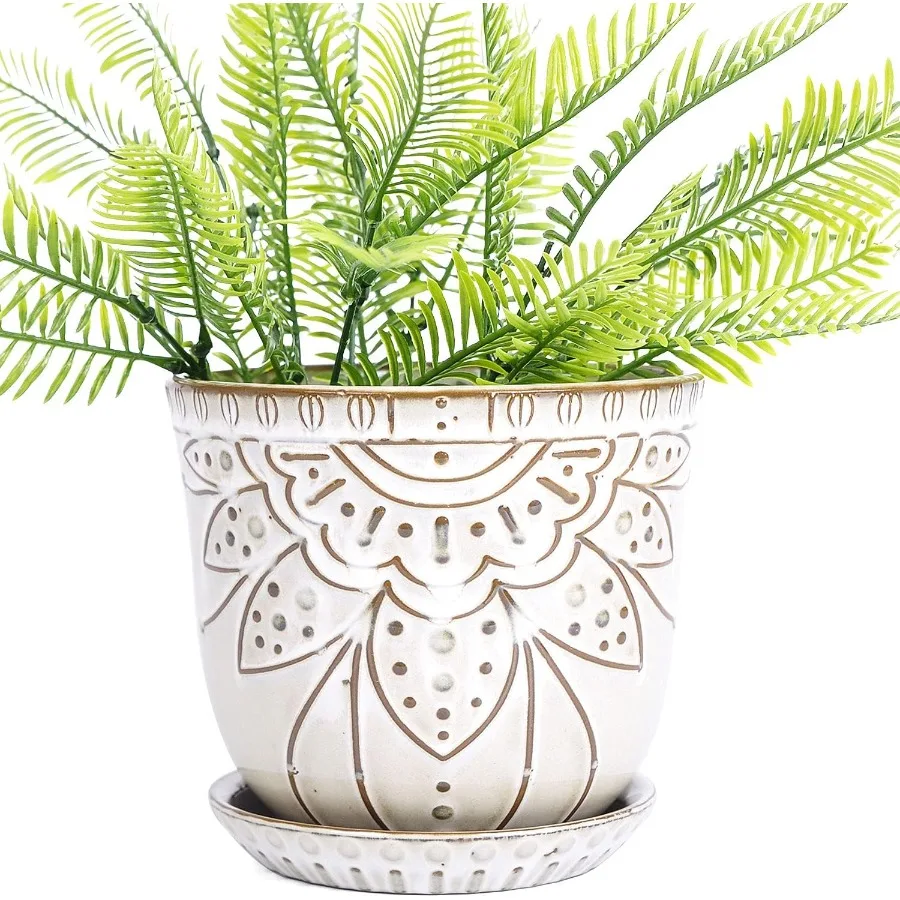 

5.9 inch Round Bohemian Style Ceramic Planter Geometry Engrave Off White Brown Planter Flower Pot Indoor Outdoor Drative Plante